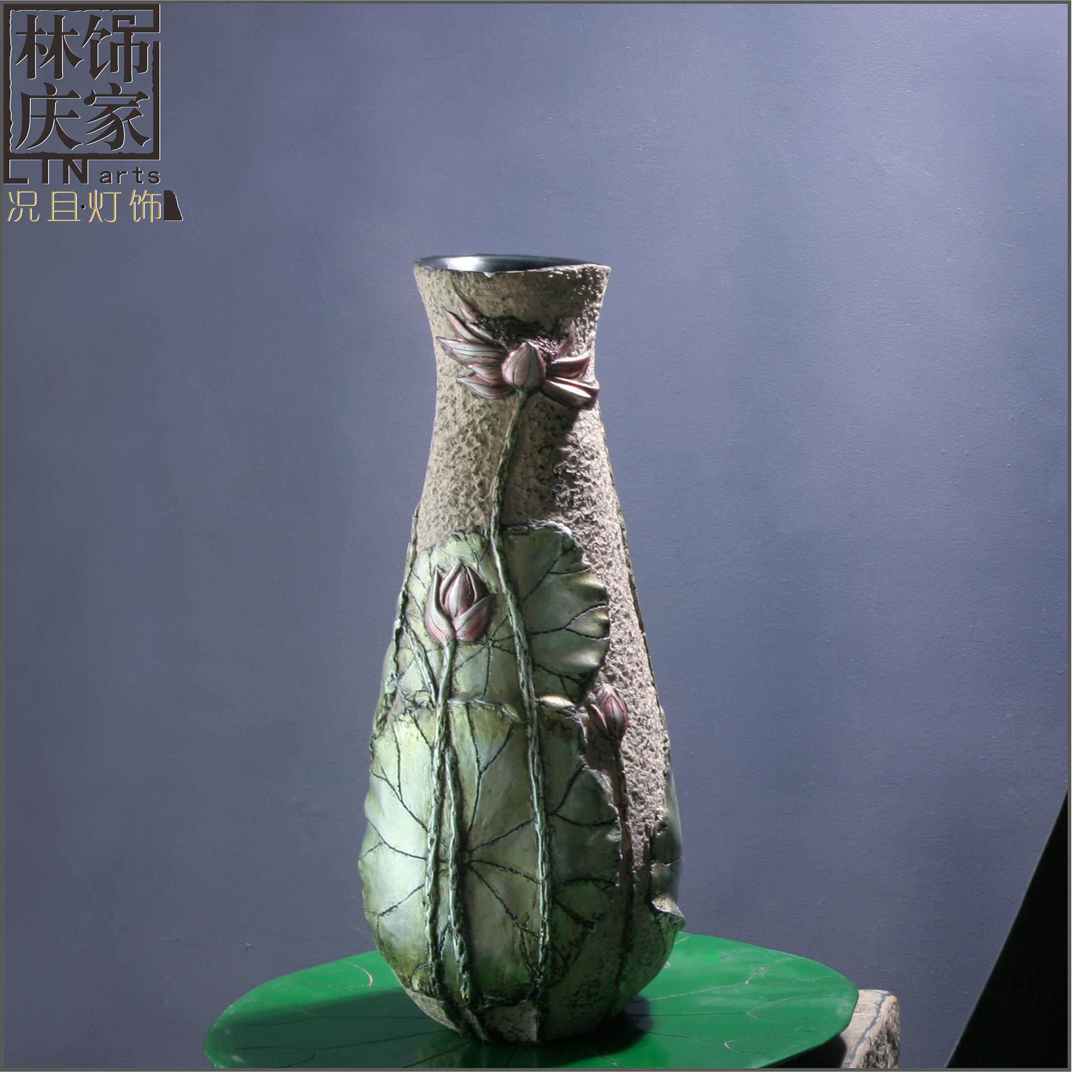 中式客厅居家树脂浮雕复古花瓶摆件茶室玄关桌面插花装饰干花花器
