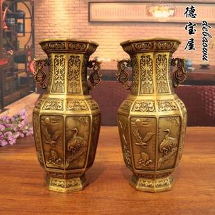 铜花瓶纯铜彷古供佛花瓶松鹤延年富贵大吉大展宏图连年有鱼一对