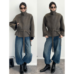 南鱼【YB尺码1:1】非市场改版羊驼毛羊毛立领腰带短款双面尼大衣