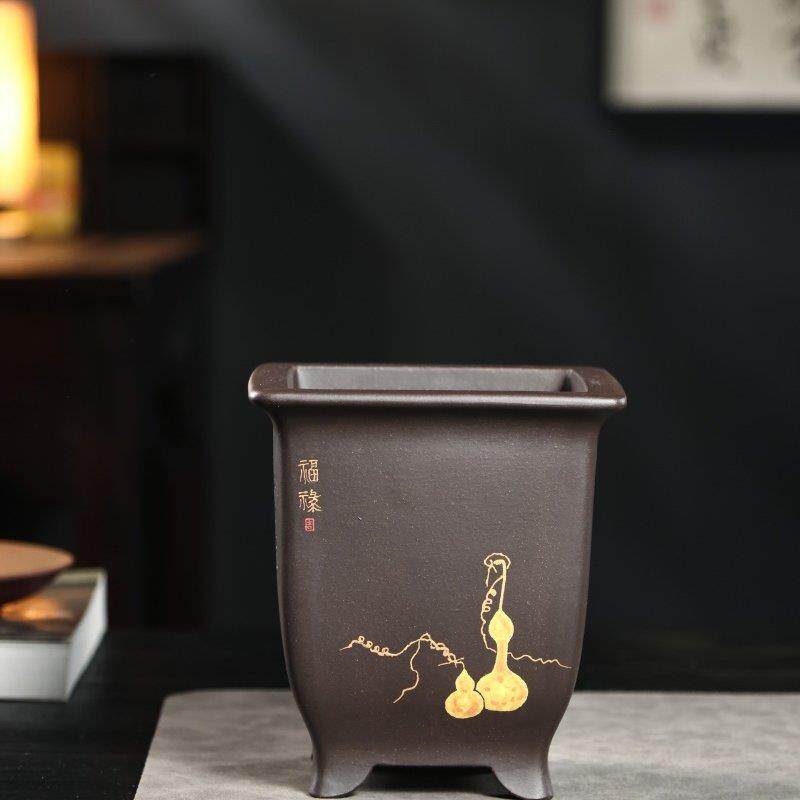 宜兴精品紫砂兰花盆福禄泥绘 建兰 春兰