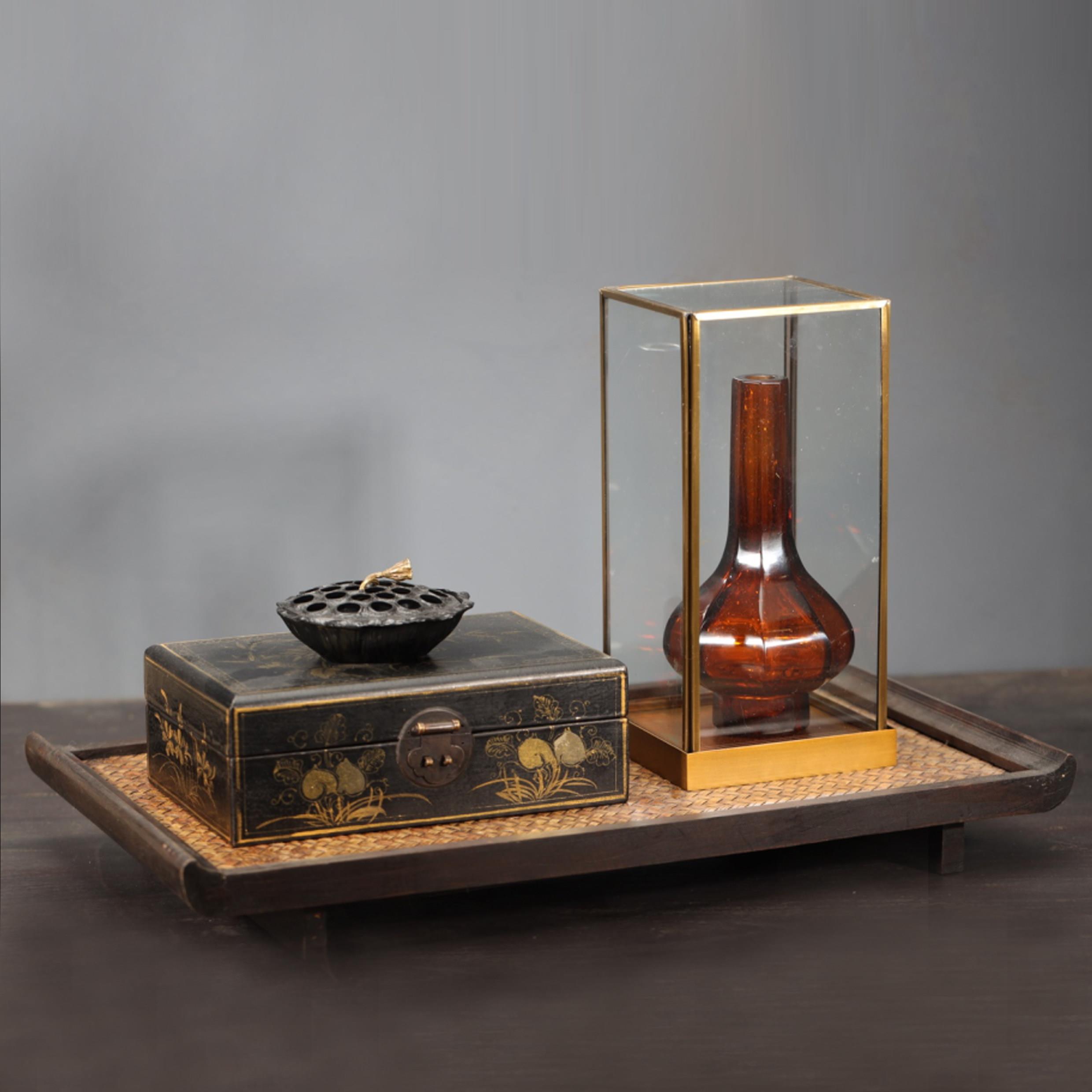 新中式样板房会所样品屋展示中心黑金手绘漆盒莲花香炉琉璃花瓶装