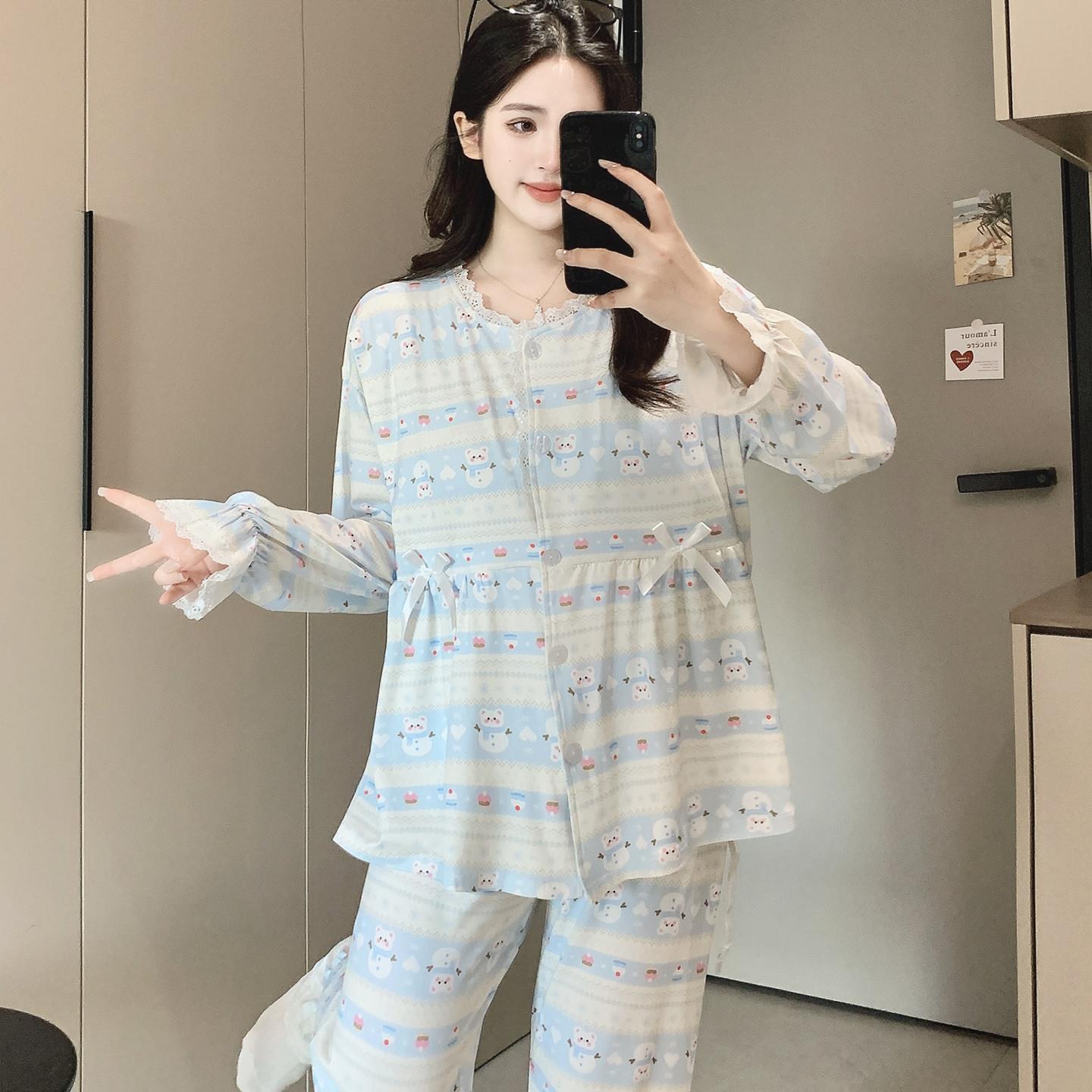 自带胸垫月子服夏季薄款长袖收口孕妇哺乳睡衣春秋家居服哺乳套装