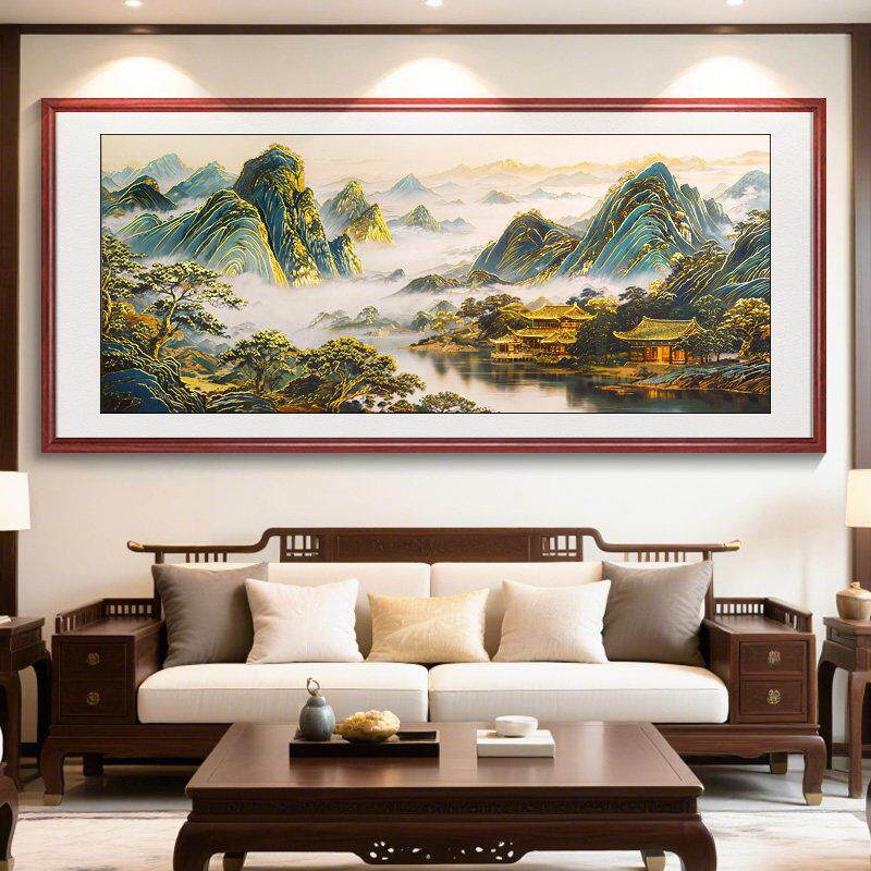 浮雕描金背有靠山茶室山水画办公现代装饰画