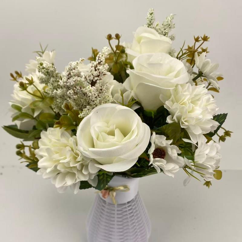 粉色系仿真花束玫瑰非洲菊混合花材家居装饰手工编织花瓶红色玫瑰