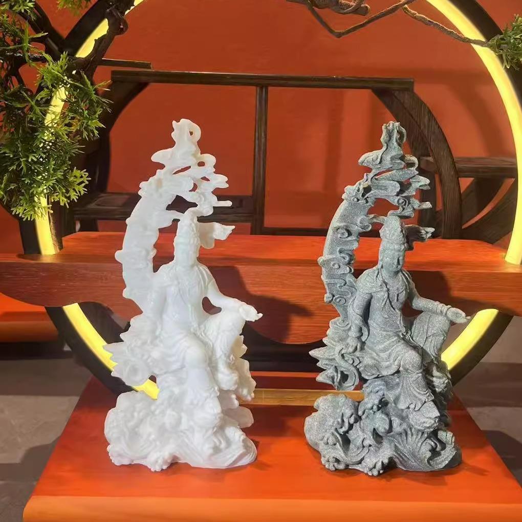 水月自在观音佛像中式供奉鱼缸造景茶室摆件装饰品摆件客厅青砂石