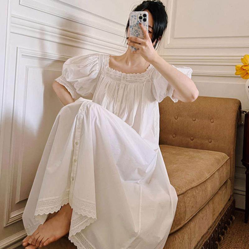 法式赫本风睡裙女夏纯棉短袖宫廷公主风长版过膝睡衣高级感家居服