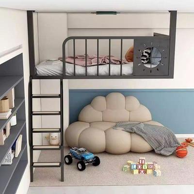 高架床覆式二楼床省空间铁艺上床下桌单上层错层高低床步梯阁楼床