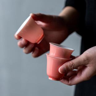 桃红品茗杯家用功夫茶具单杯手工主人杯花神杯复古小茶杯茶盏 中式