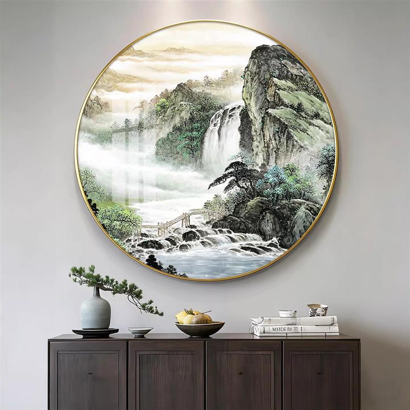 山水画客厅挂画圆形装饰画办公室靠山背景墙画新中式茶室玄关壁画