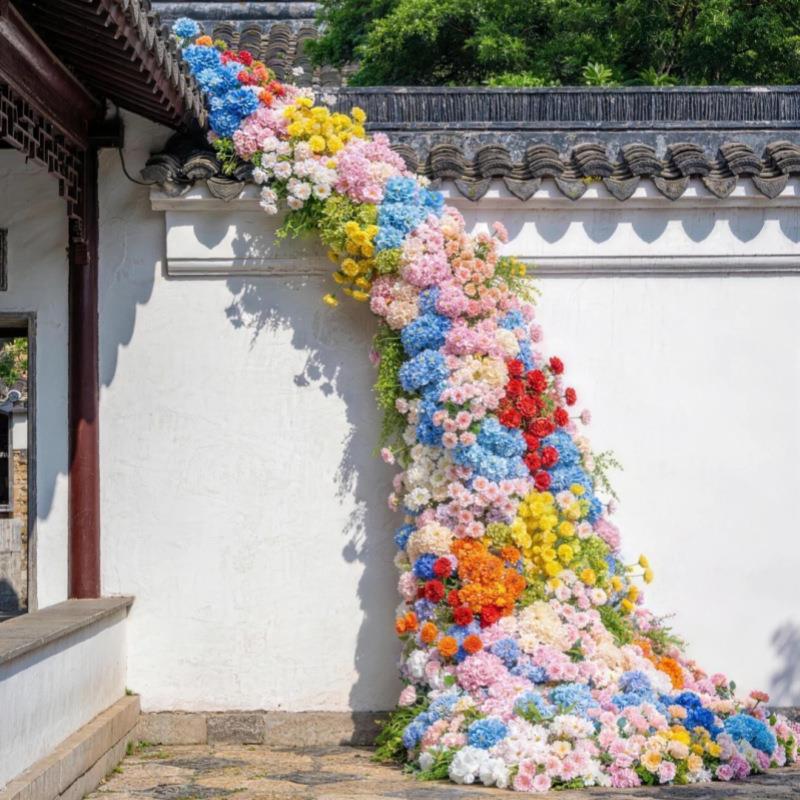 粉色玫瑰花瀑布花庭院古镇餐厅别墅造景仿真花背景墙拍照道具美陈