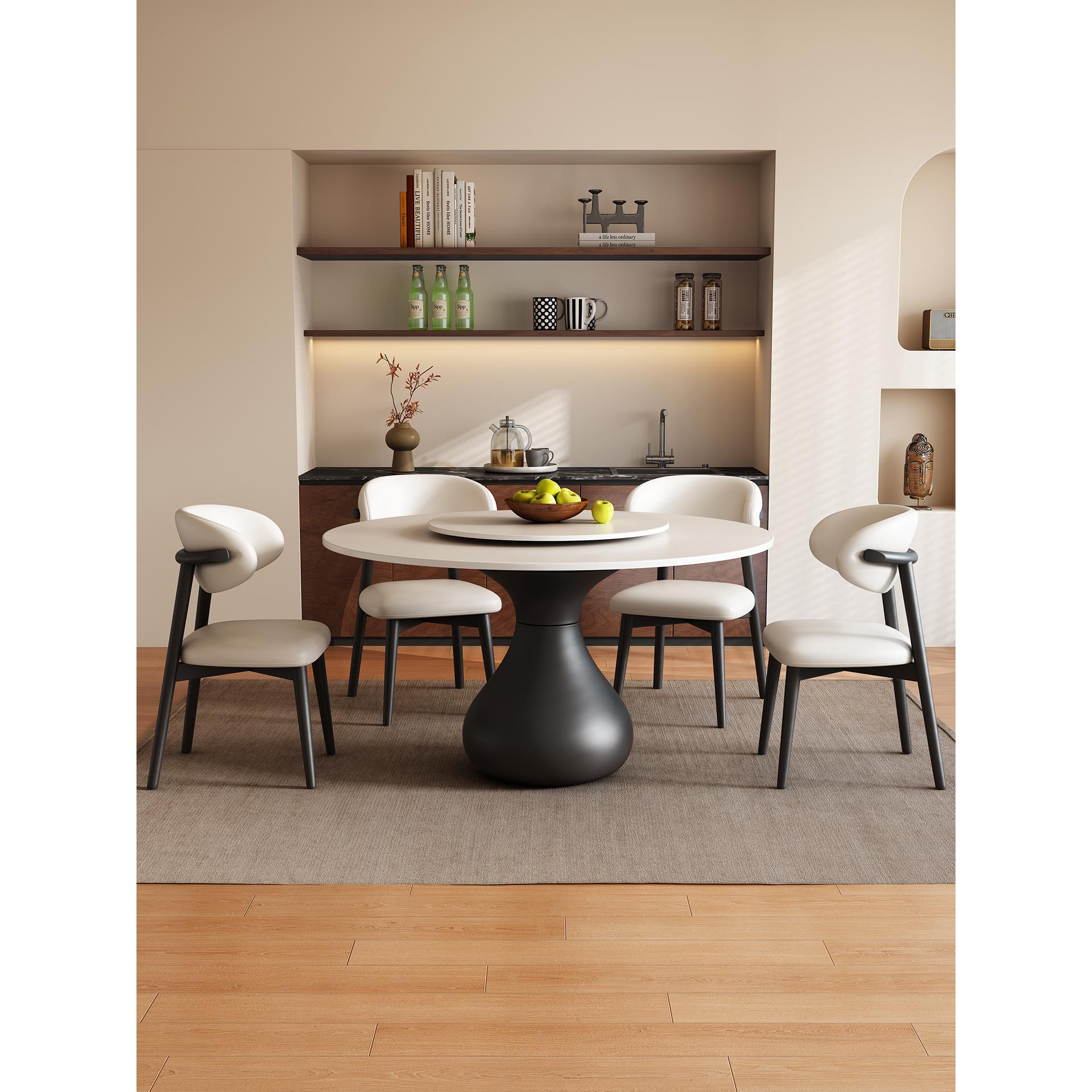 法式轻奢岩板餐桌中古风圆桌带转盘家用小户型款现代简约圆形饭桌