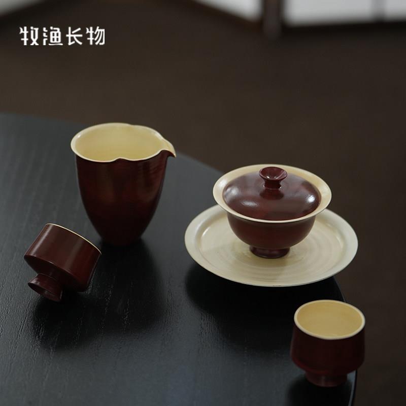 牧鱼漆红景德镇手工化妆土盖碗套装家用泡茶碗功夫茶具陶瓷礼品