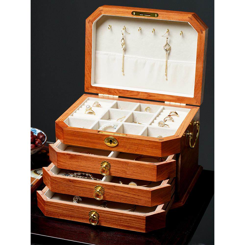 红木高档一键锁多层实木首饰盒中国项炼耳环手饰卧室珠宝收纳盒