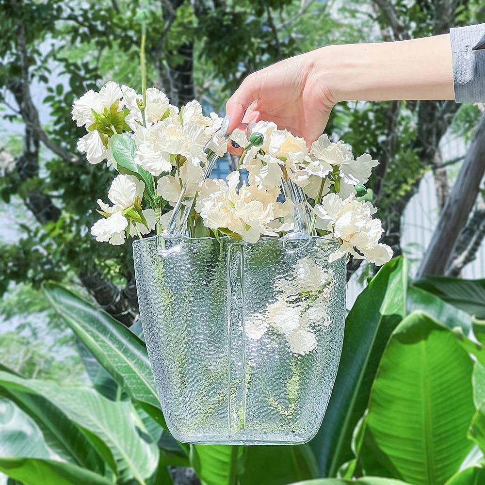 简约创意水桶手提包花瓶 ins鱼缸玻璃缸小型花篮客厅桌面插花摆件