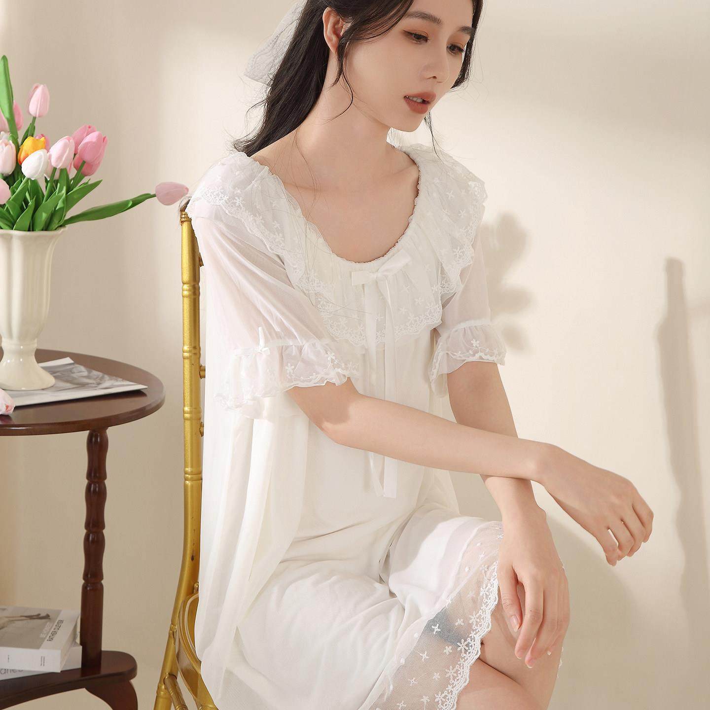 法式覆古宫廷风网纱宅公主睡裙女款2025新款夏季蕾丝仙女短袖睡衣