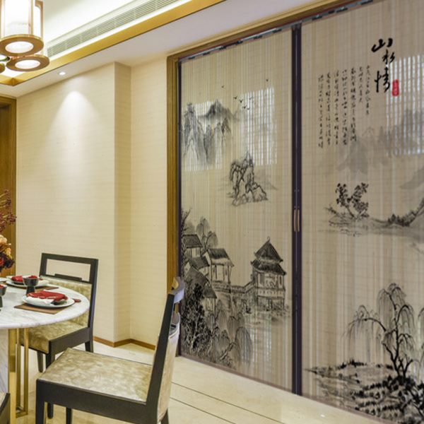竹门帘夏季防蚊推拉门简易折叠遮光竹移门家用印花屏风隔断竹帘子