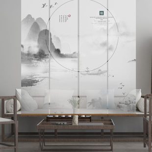 水墨山水画窗帘卷帘遮光隔断帘软屏风挂式 新中式 客厅玄关帘升降帘