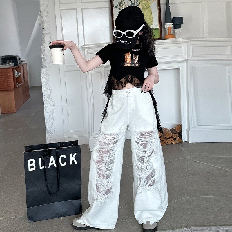 女童春夏款破洞牛仔裤2025新款女大童夏季阔腿裤儿童薄款直筒裤子,童装/婴儿装/亲子装,裤子,淘宝优惠券,粉丝福利购,淘宝优惠卷