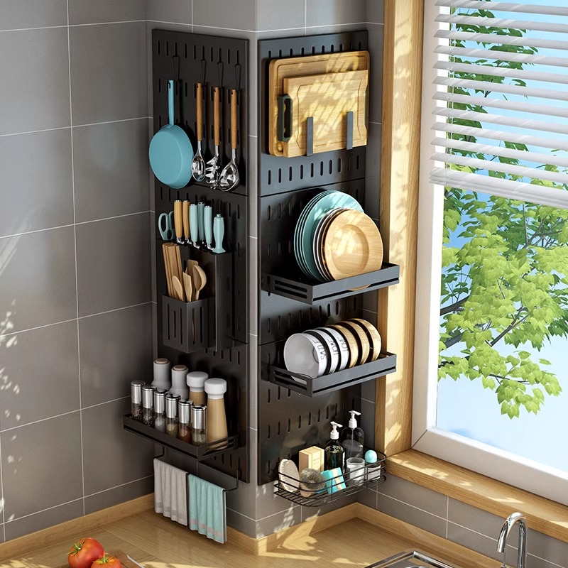 不锈钢调料品置物架厨房转角板墙角壁挂免打孔洞洞板刀架碗架收纳