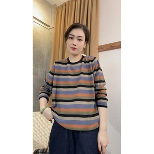 女t宽松显瘦百搭休闲韩系打底上衣 秋冬慵懒风圆领条纹长袖 2625