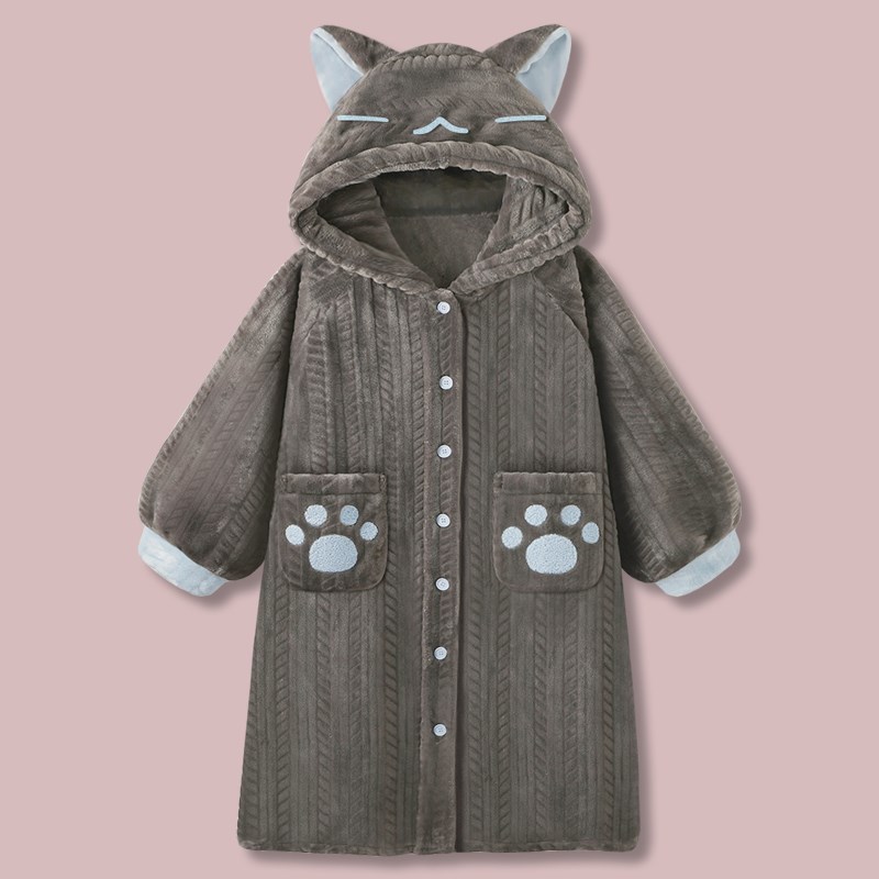乌云猫日系卡通小猫睡衣男款秋冬季加厚法兰绒大码家居服睡袍