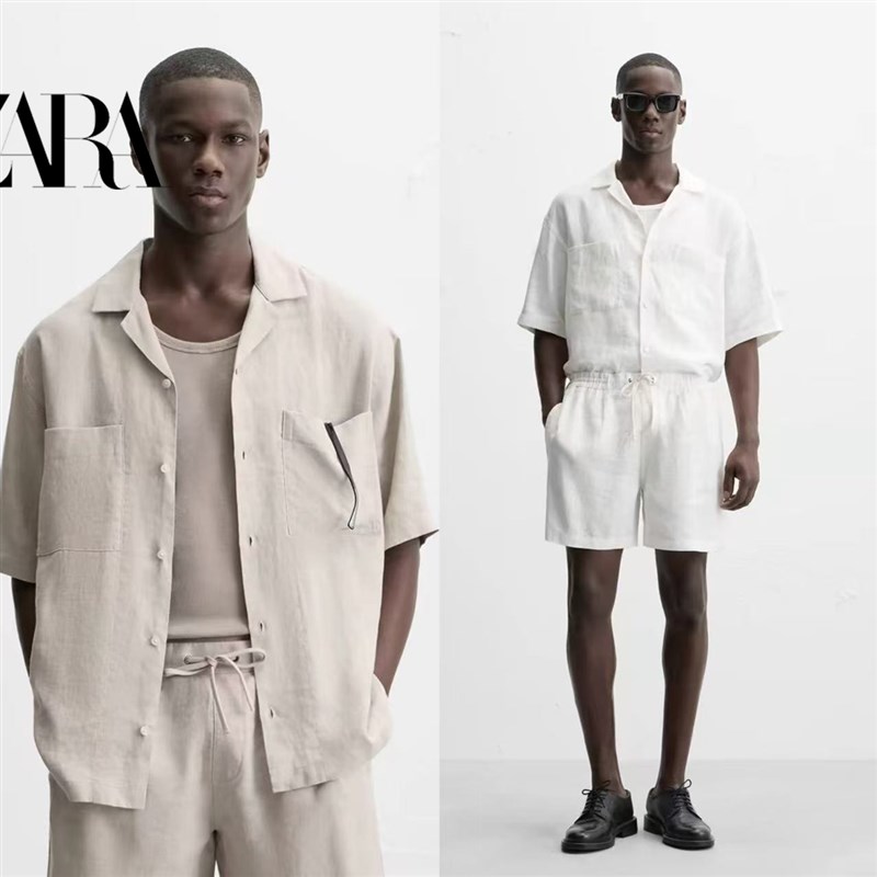 柜399!2025夏季新品 男装 宽松口袋饰亚麻休闲短袖衬衫 1618306