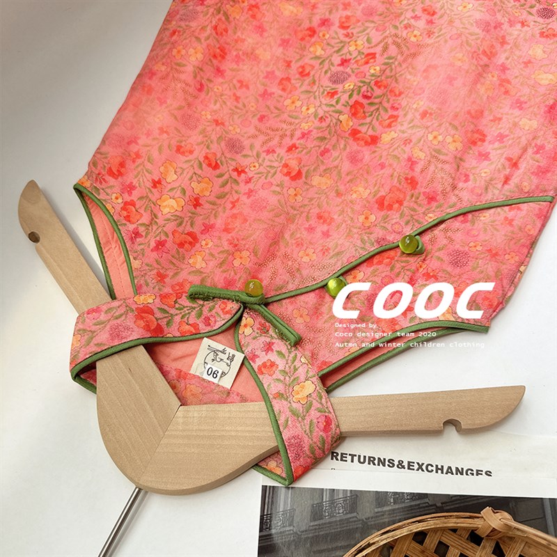 2024夏季新款儿童无袖挂脖连衣裙女童改良小旗袍新中式碎花旗袍