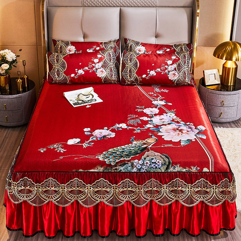 夏季婚庆大红色床裙款可水洗冰丝凉席三件套家用可机洗折叠软席子,床上用品,凉席/草席/麻席,淘宝优惠券,粉丝福利购,淘宝优惠卷