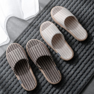 室内防滑软底地板棉布凉 亚麻拖鞋 女男士 情侣春秋夏季 居家用D日式