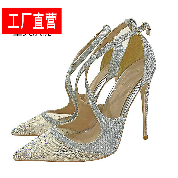 超高跟大码35-46春秋新款银色彩钻网纱交叉女细跟尖.头带高跟鞋