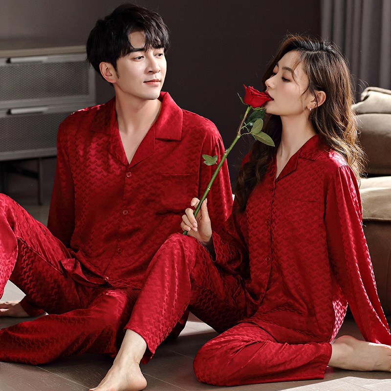 思馨坊情侣睡衣女春秋冰丝长袖红色新婚结婚本命年夏天男士家居服