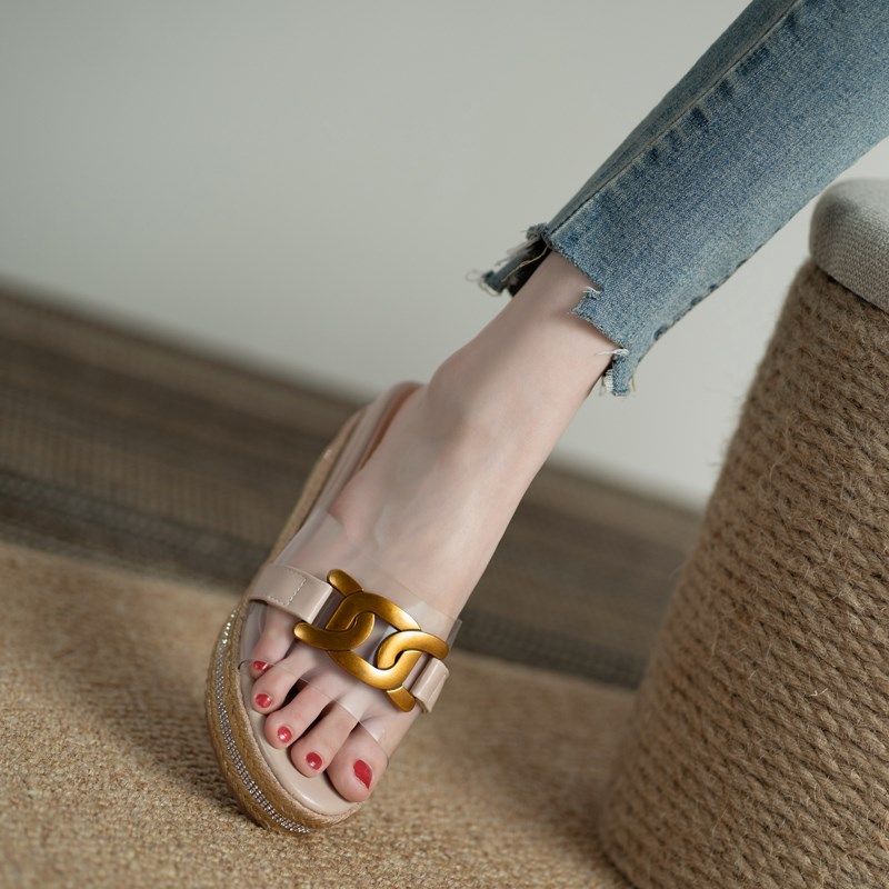 透明凉鞋女高跟2j024夏季新款韩版松糕厚底鞋水钻坡跟一字平底凉,女鞋,时装凉鞋,淘宝优惠券,粉丝福利购,淘宝优惠卷