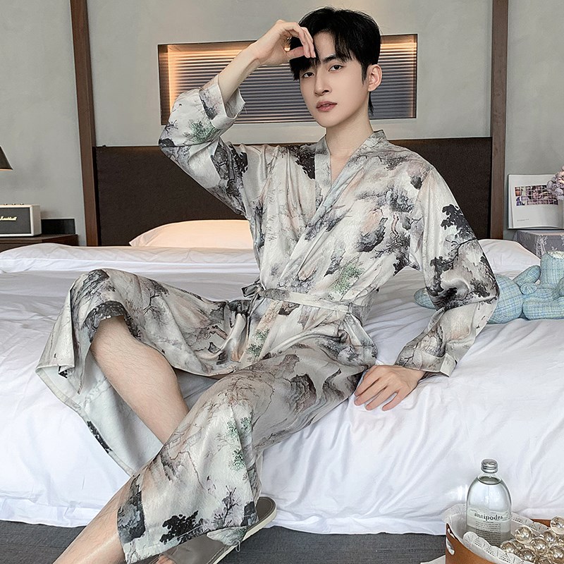 复古国风情侣睡衣春秋男款新款提花冰G丝睡袍家居服套装浴袍夏季