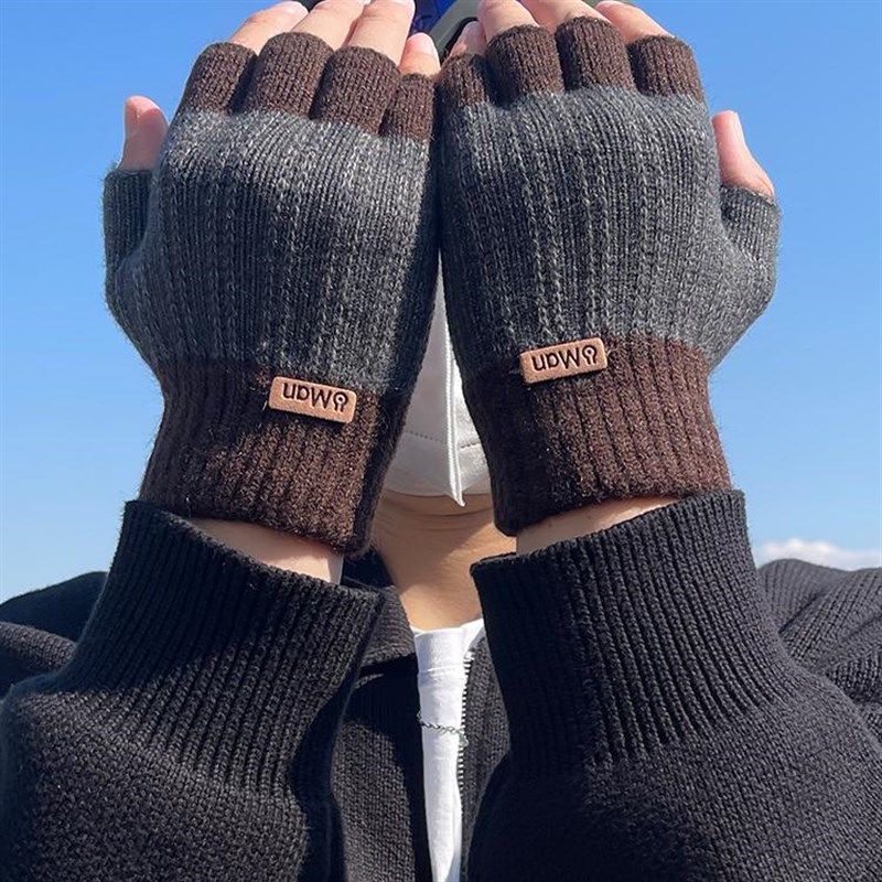 半指手套男露指冬季骑行加厚毛线漏指头I学生写字针织保暖半截无