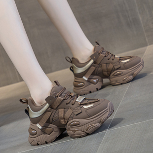 棕色老爹鞋女款加绒2024秋冬真皮网红爆款时尚厚底女式旅游鞋软底