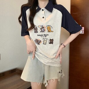 初中女生夏季短袖T恤潮流可爱新款高中学生宽松运动X纯棉翻领上衣