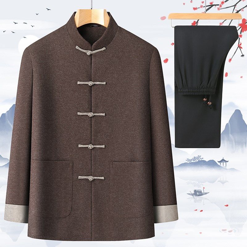 唐装男爸爸春秋夹克套装中国风中老年人中式汉服外套爷爷毛呢男装