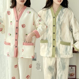 出门 300斤冬天学生宿舍家居服套装 空气棉加厚睡衣女秋冬款 特大码