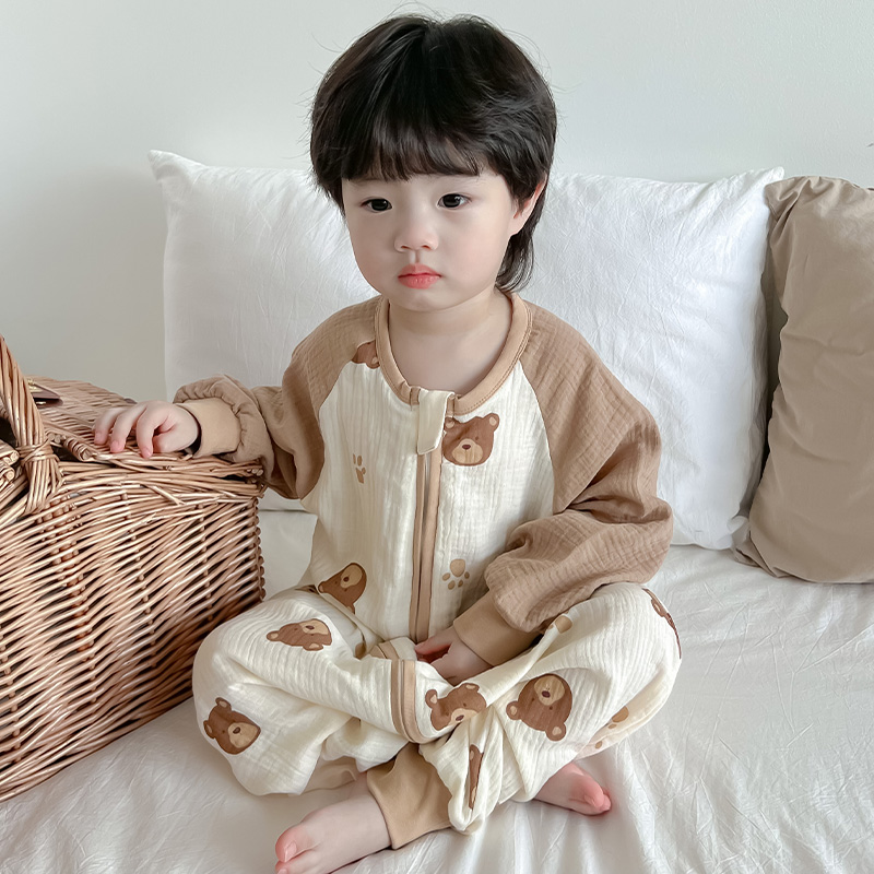 宝宝连体睡衣春秋薄款男童女童长袖夏季睡袋婴Q儿童纯棉纱布家居