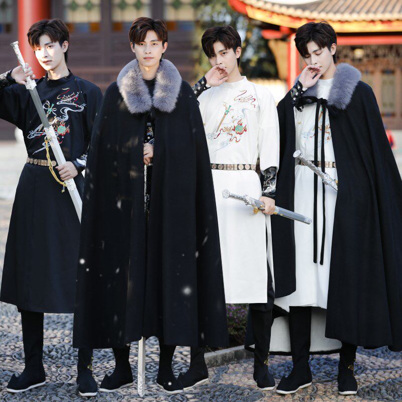 汉服斗篷男冬季长款加绒加厚毛领汉服