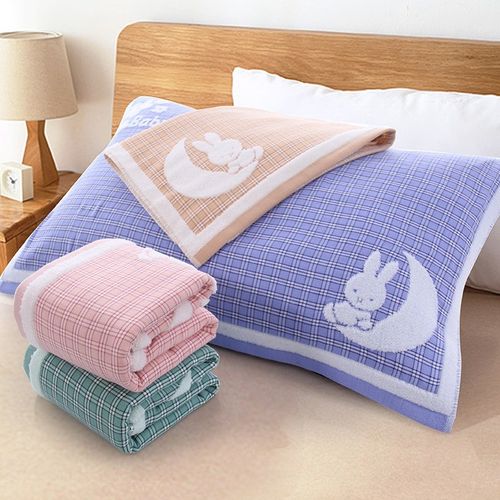 高档纯棉纱布提花月亮兔枕巾加大加厚柔软吸汗不掉色卡通情侣枕巾