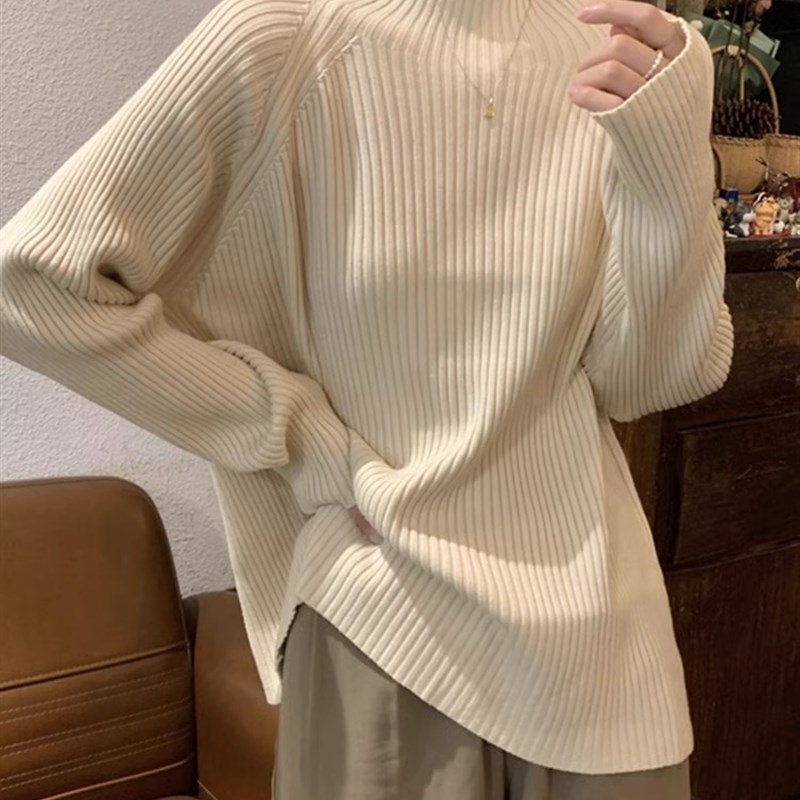 半高领坑条复古毛衣女2024秋冬宽松慵懒H内搭上衣奶fufu打底针织