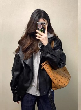 机车皮衣bPU外套女2025春季新款今年流行高级感酷飒风宽松黑色夹
