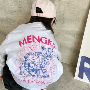 娇气妈儿童长袖T恤2024秋冬男女童猫咪印花N打底衫宝宝洋气套头衫