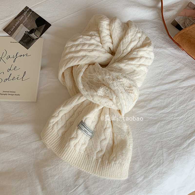白色围巾女冬季韩版高级感麻花针织粗毛线保暖加厚情侣围脖男纯色