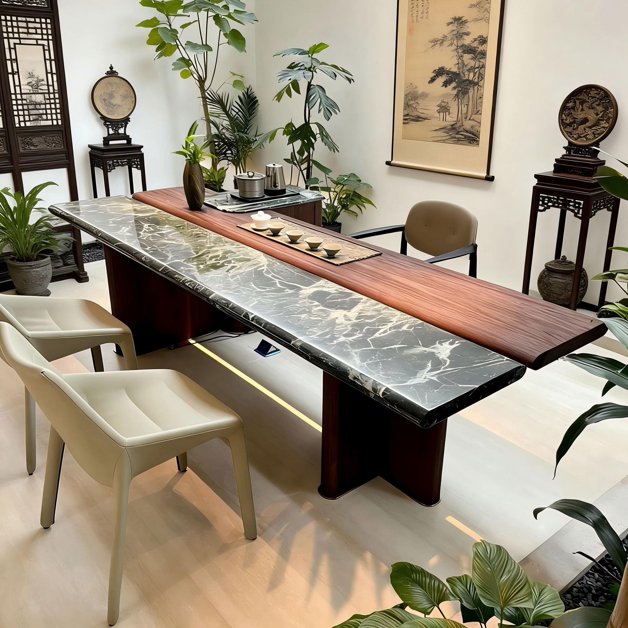 新中式简约奢石桌椅组合商务茶室实木泡茶桌黑胡桃白蜡木会客茶桌
