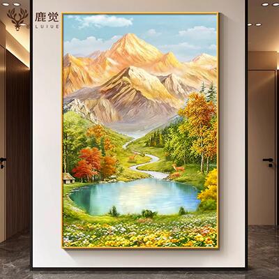 聚宝盆山水画玄关装饰画流水生财入户正对门挂画西墙金山画靠山图