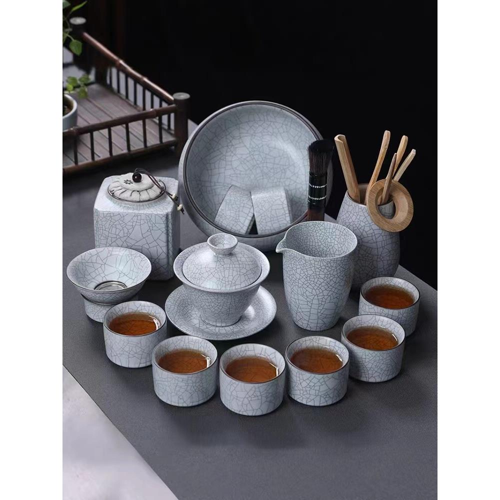 月白汝窑功夫茶具套装家用可养开片泡茶器防烫侧把壶陶瓷茶杯泡茶