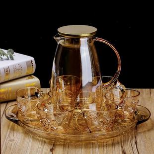 金色水壶盘子欧式 家用加厚耐热泡茶杯子套装 带把手玻璃花茶杯水杯