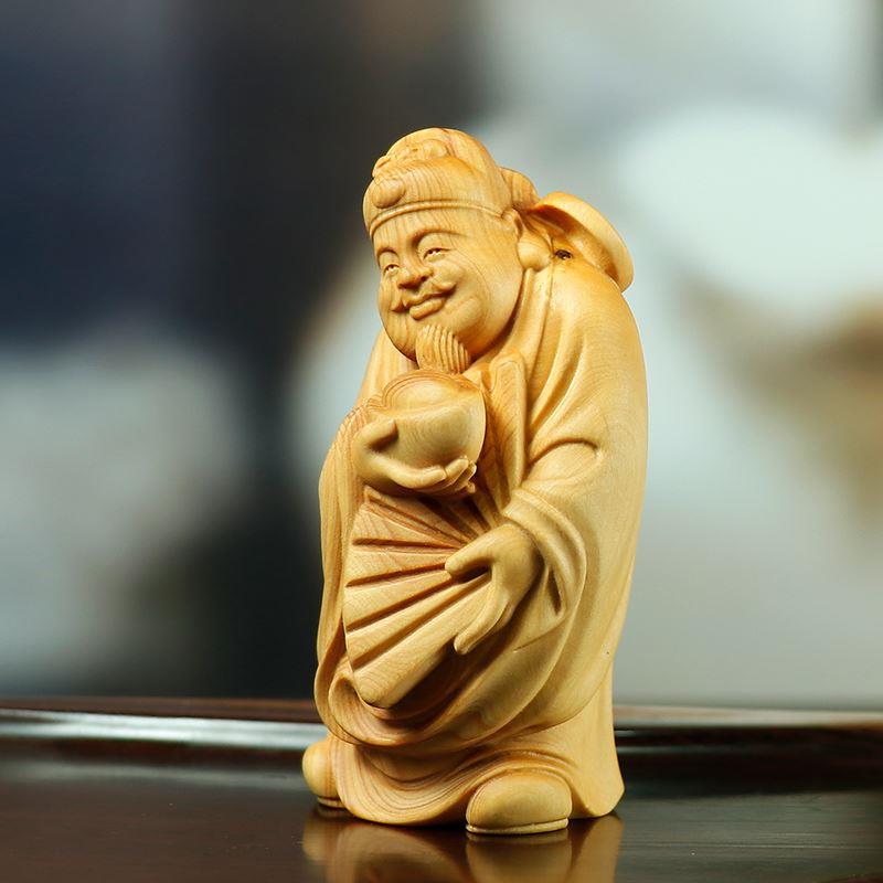 小叶黄杨木雕摆件财神财手把件汽车家居装饰品木质人像仿古人物